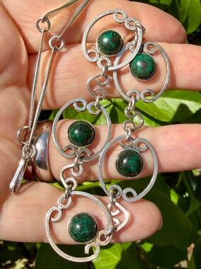 VINTAGE 925 STERLING SILVER GREEN CHRYSOCOLLA SHORT COLLAR NECKLACE STATEMENT